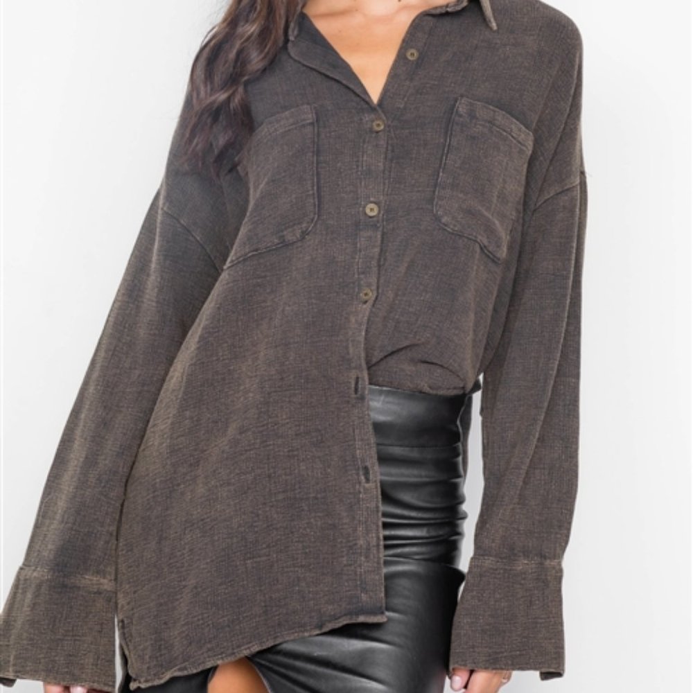 CHARCOAL BLACK OIL WASH BUTTON DOWN GREEN SHACKET